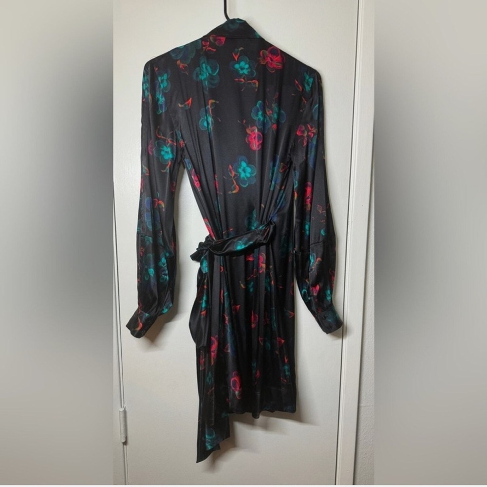 GANNI Black Silk Blend Red Blue Floral Long Puff Sleeves Wrap Mini Dress Size 42 - Picture 10 of 16